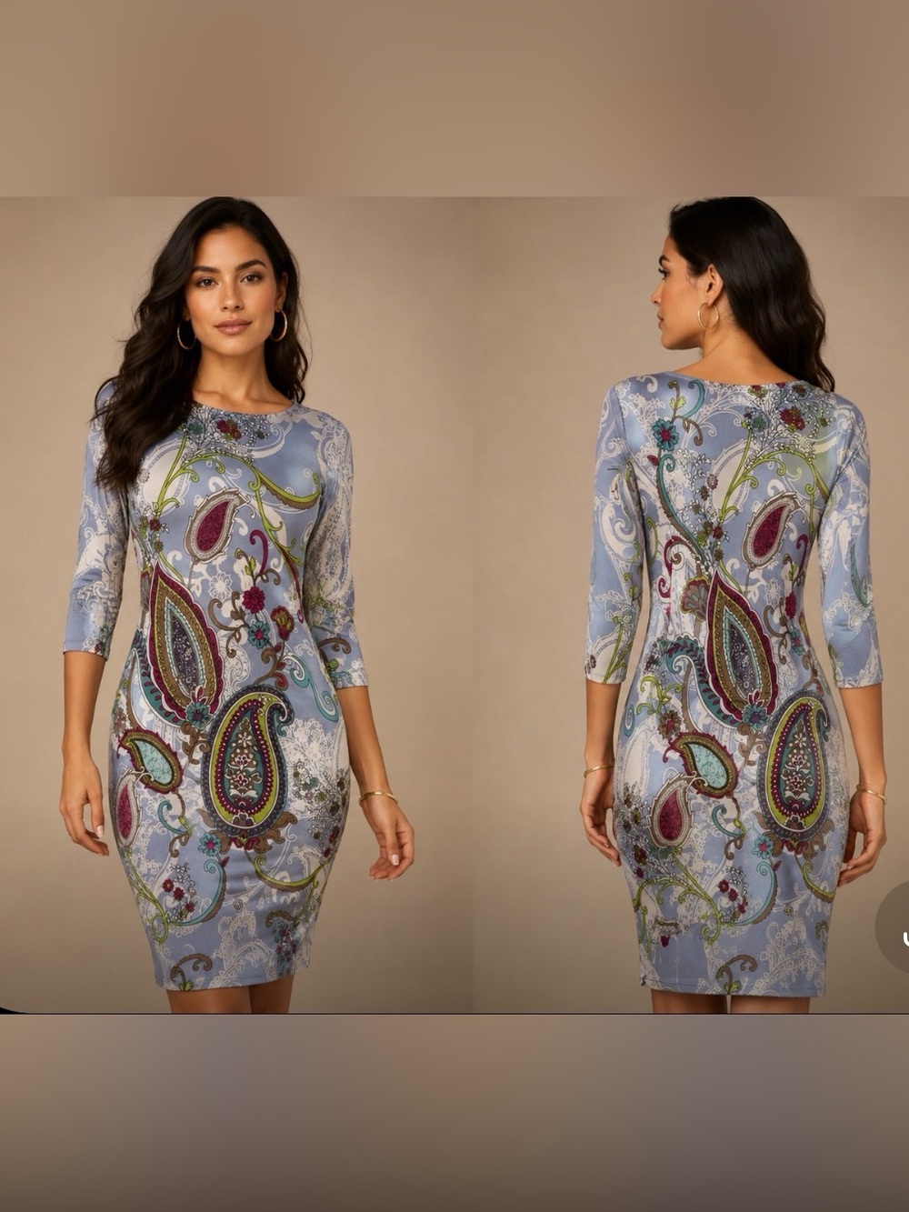 VTG Retro Revival Blue 3/4 Sleeve Paisley Sheath Boho Midi Dress Size 8